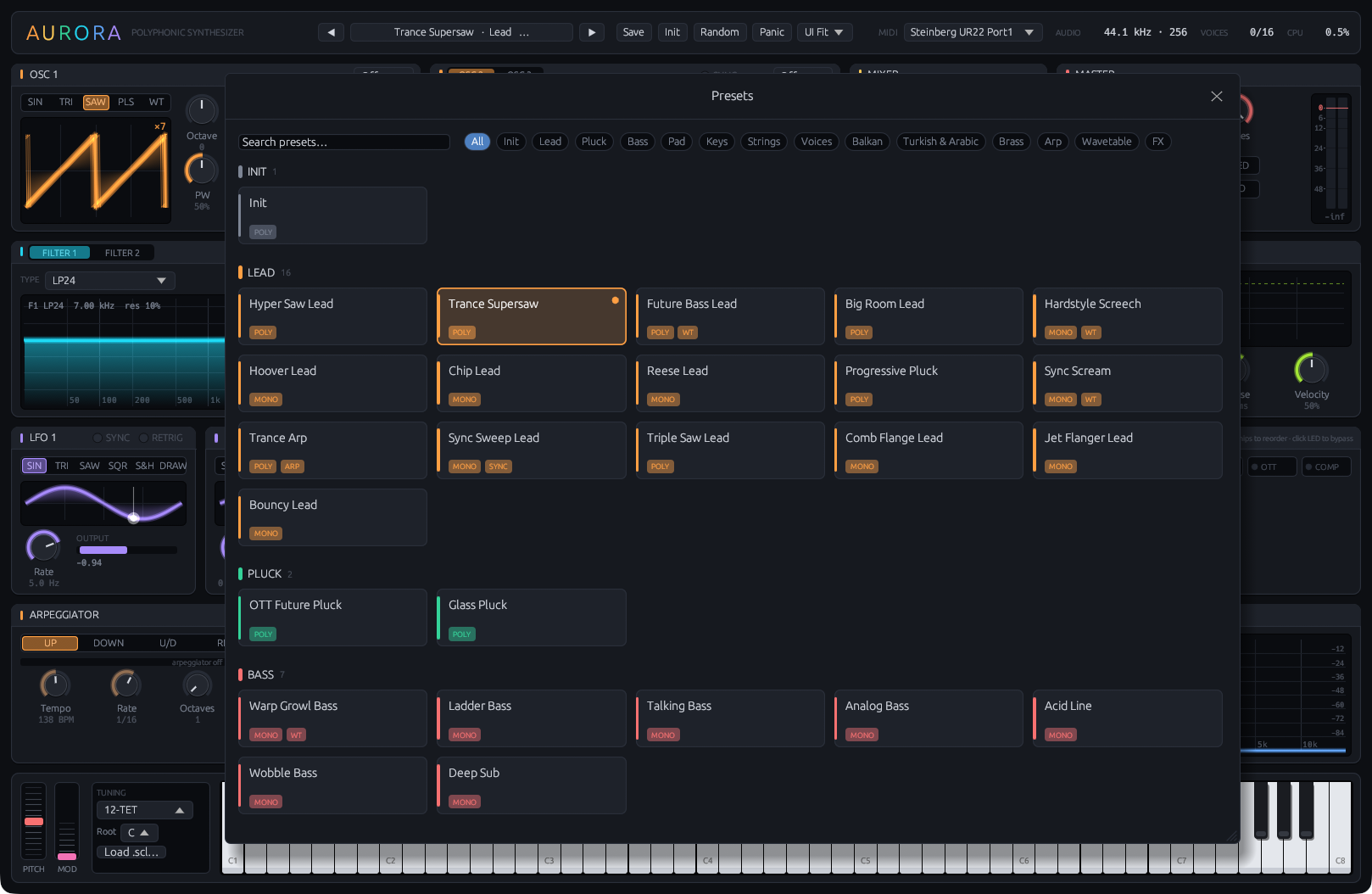 Aurora's preset browser: preset cards grouped by category with search and category filters