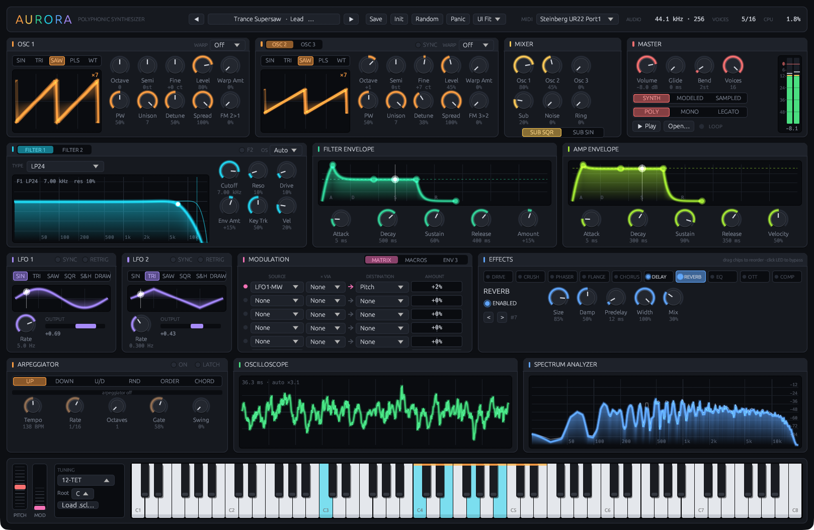 The Aurora synthesizer interface: three oscillators with wavetable display, dual filter with response graph, envelopes, modulation matrix, effects chain and on-screen keyboard